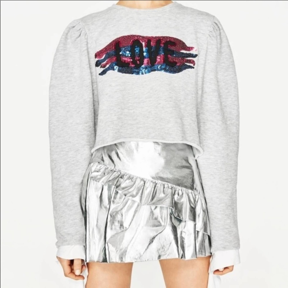 Zara  Love Sequin Puffed Sleeve Sweater Crop Gray small  new